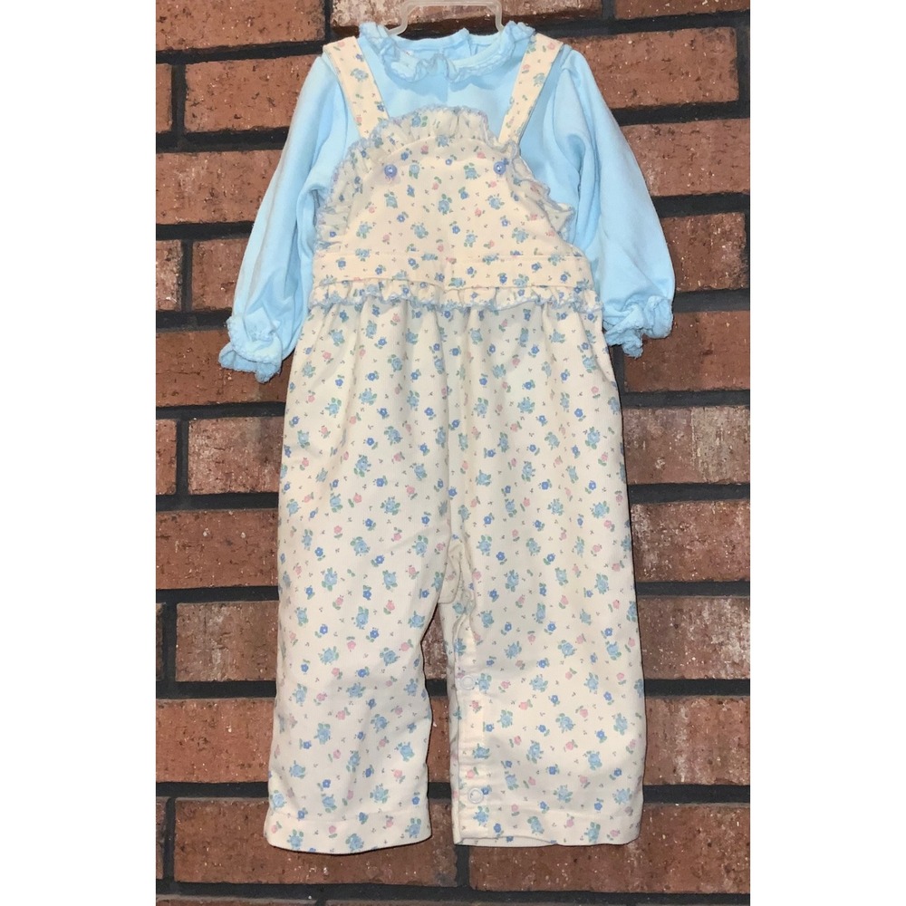 Vintage Little One's Girls 2 pc Corduroy Floral Overall Set Size‎ 12M Blue Shirt